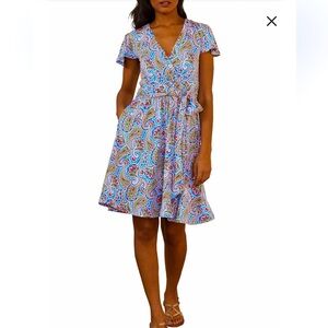 Boden-Size 8 Evangeline Jersey Faux Wrap Dress w/pockets Paisley blue/pink. EUC!